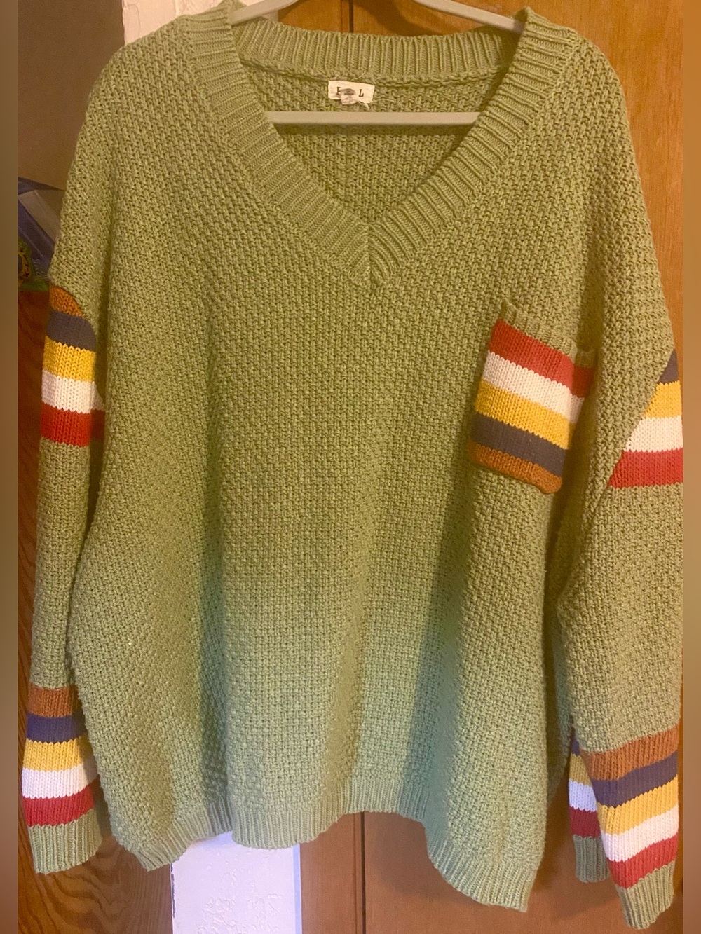 POL oversized V-neck sweater olive chunky multi-colored striped sleeves & pocket